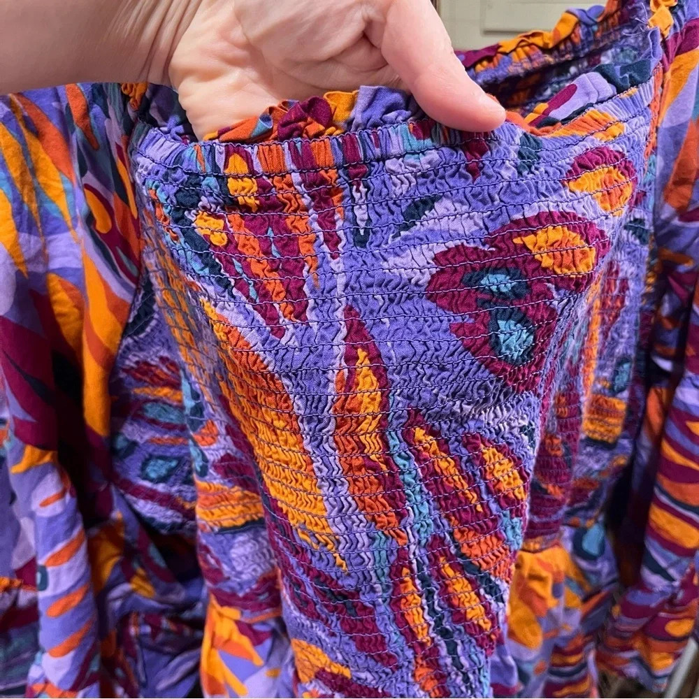 TERRA & SKY ~ Bright  Boho Smocked Top with Tiered Bell Sleeves Cotton Rayon 4X - Picture 8 of 10